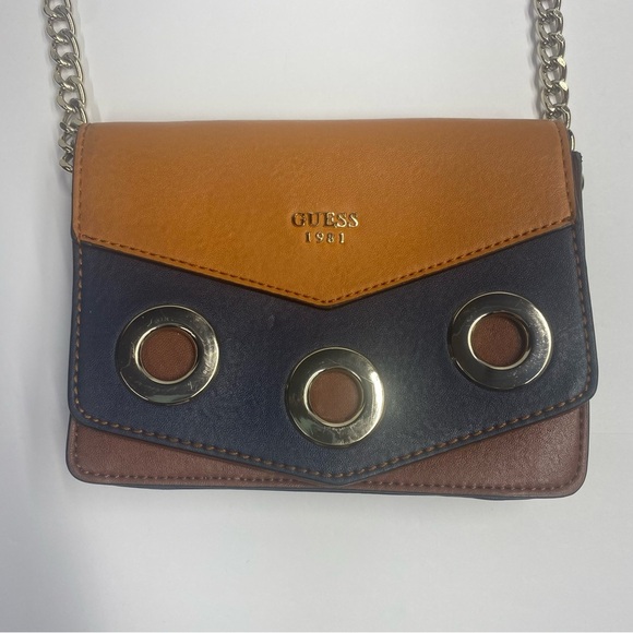 Guess Y2K Brown and Blue Crossbody Bag with Metallic Accents Adjustable Strap - Picture 1 of 14